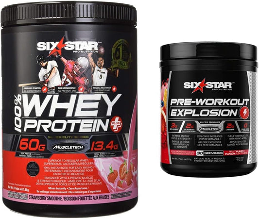 乳清蛋白粉 + 一水肌酸,4 磅 & Six Star 锻炼前爆发力,男女适用锻炼前粉,含一水肌酸和 β-丙氨酸,可提供能量(30 份)