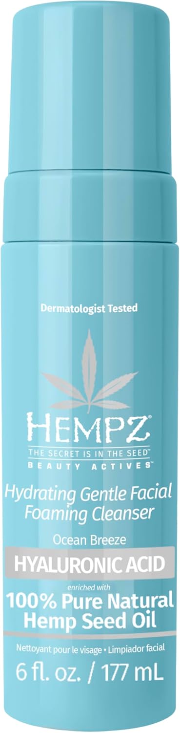 Hempz Ocean Breeze Hydrating Gentle Facial Foaming Cleanser with Hyaluronic Acid - Refreshingly Scented Moisturizing Foam Face Wash for Extremely Dry, Oily, or Sensitive Skin, for Women or Men, 6 Oz
