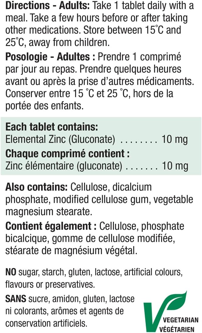 Jamieson 鋅 10 毫克,支持免疫健康、組織形成和皮膚健康。素食、非基因改造、無麩質,100 片裝,加拿大製造