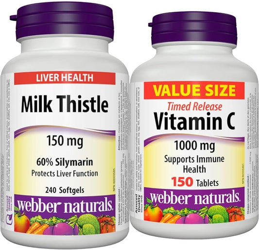 Webber Naturals 奶蓟提取物,150 毫克 240 片装和维生素 C 缓释片 1000 毫克,150 片装,有益于骨骼、牙齿、免疫和抗氧化健康