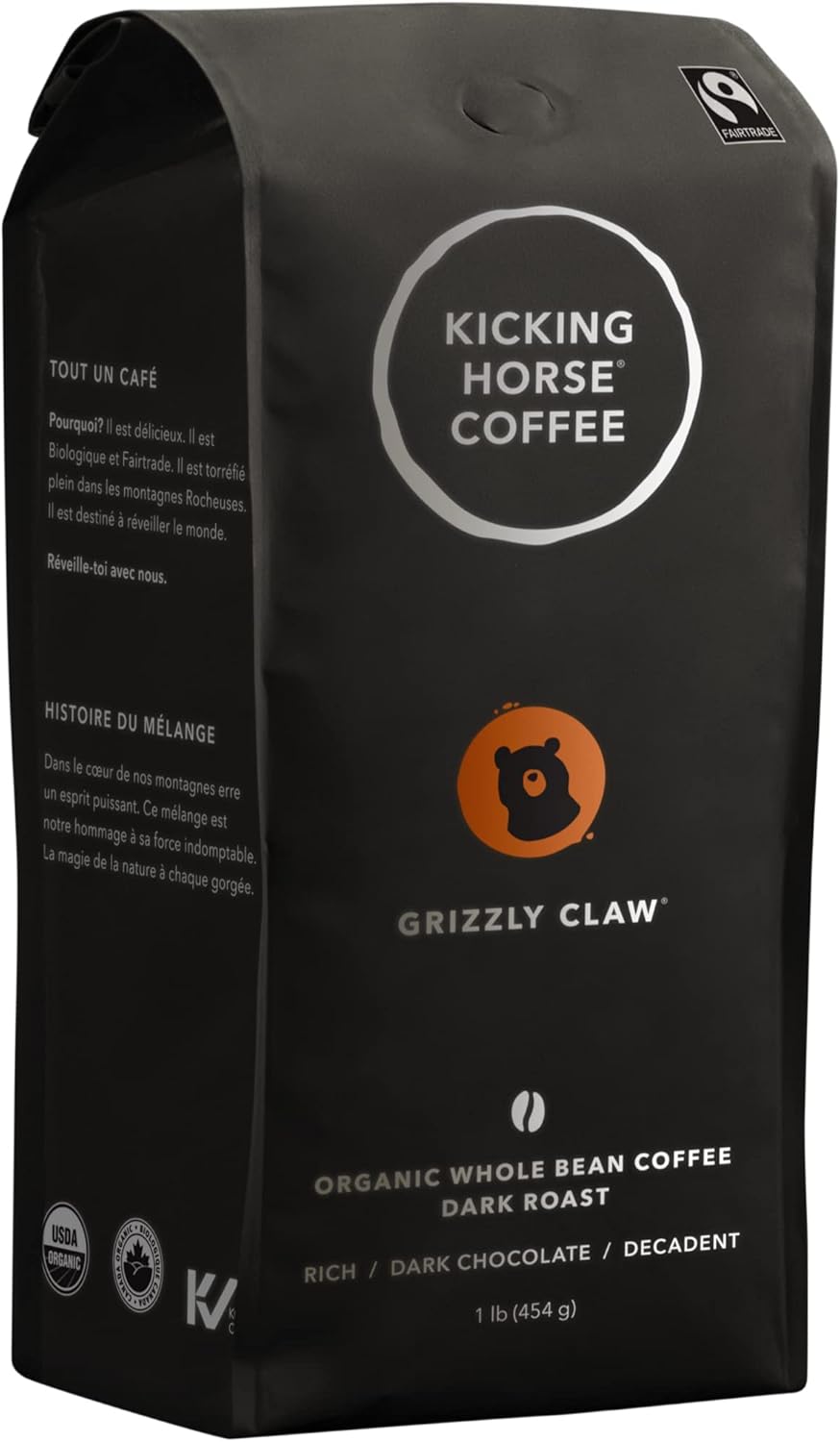 Kicking Horse Coffee Grizzly Claw,深度烘焙,全豆,1 磅(6 包)- 有机认证、公平贸易、犹太洁食 & Kick Ass,深度烘焙,研磨,284 克 - 有机认证、公平贸易、犹太洁食咖啡