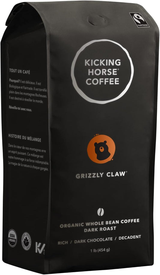 Kicking Horse Coffee Grizzly Claw,深度烘焙,全豆,1 磅(6 包)- 有机认证、公平贸易、犹太洁食 & Kick Ass,深度烘焙,研磨,284 克 - 有机认证、公平贸易、犹太洁食咖啡