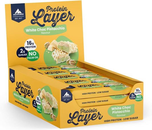 Multipower Protein Layer Bar - White Chocolate Pistachio Flavor - High-Protein Multi-Layer Snack - 50g Bars (18 Pack)