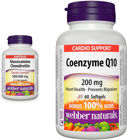 Webber Naturals Glucosamine Chondroitin, Double Strength, 144 Capsules, Helps Relieve Joint Pain & Coenzyme Q10 200mg, High Potency Antioxidant, Non-GMO, Gluten Free, 60 softgels