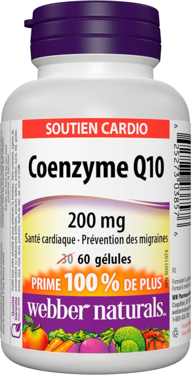 Webber Naturals Omega-3 900 毫克三重強度和輔酶 Q10 (CoQ10) 200 毫克,高效抗氧化劑,非轉基因,無麩質,60 粒軟膠囊,用於心臟健康和細胞能量產生