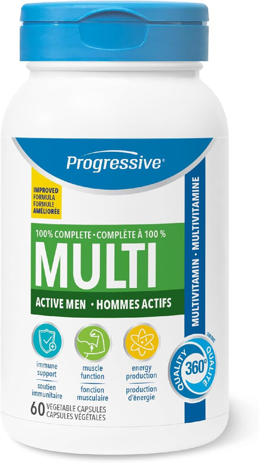 Progressive Advanced Daily Multivitamin for Active Men, with Quercetin, Maca, Ashwagandha, and Siberian Ginseng. Supports Immune Health, Muscle Function, and Energy, 100% Complete, Canadian-Made 60 Count
