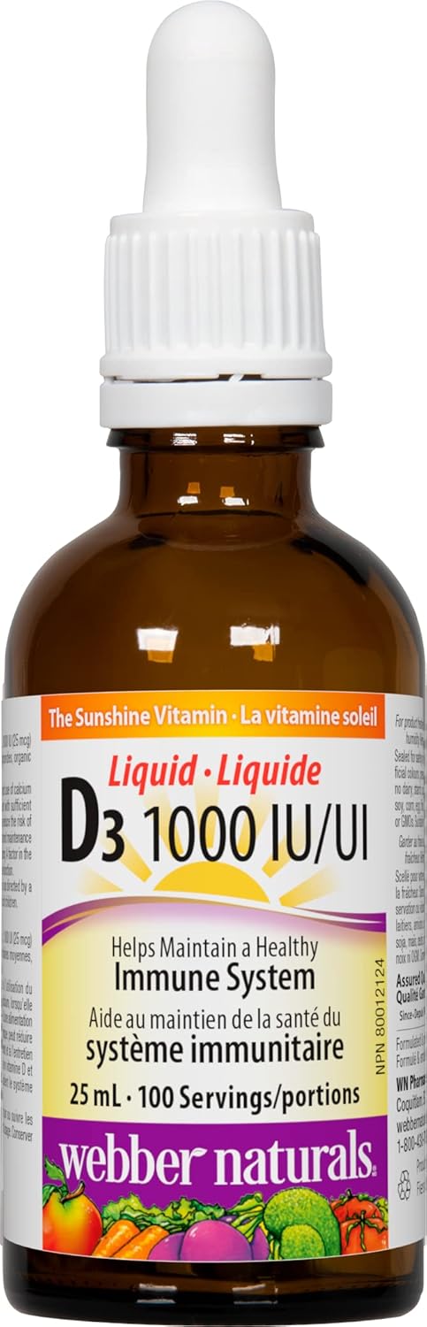 Webber Naturals 维生素 D3 1000 IU 液体,25 毫升,有助于骨骼和牙齿健康,保持身体健康