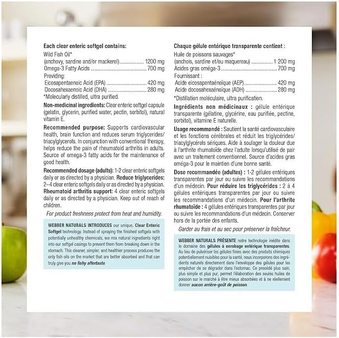 Webber Naturals Omega-3 700 毫克加强型,100 粒透明肠溶无鱼腥味软胶囊,支持心血管健康和大脑功能