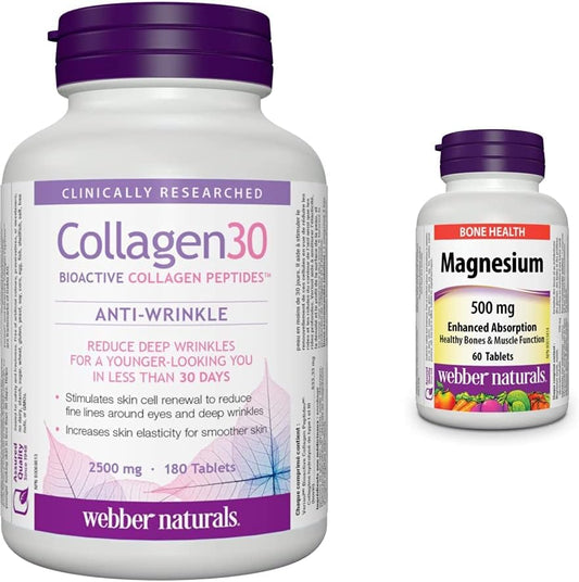 Webber Naturals 膠原蛋白 30 抗皺鎂片 500 毫克,60 片,增強礦物質吸收,支持骨骼和肌肉功能,純素