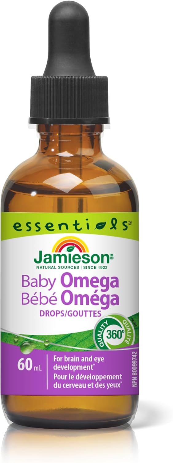 Jamieson 婴儿 Omega-3 滴剂,富含 EPA 和 DHA,加拿大制造,支持大脑和眼睛发育。天然香料,不含麸质、人工色素、香精或防腐剂,60 毫升