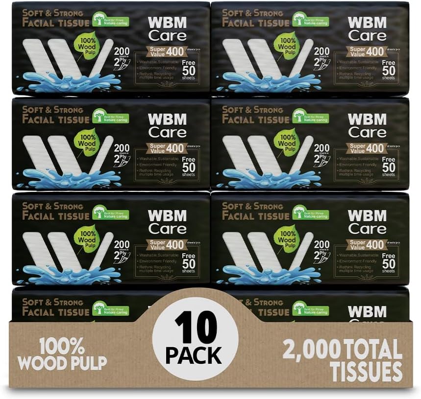 WBM Care 双层面巾纸,茶树香型 - 200 张,10 包(共 2000 张)超柔软,100% 天然,最适合冲洗