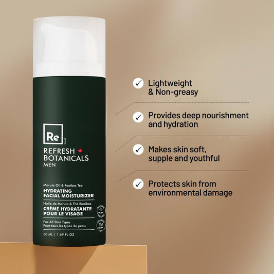 Refresh Botanicals Men Hydrating Facial Moisturizer for All Skin Types | With Marula oil and Rooibos Tea | Formula for Nourishment and Deep Hydration | Best for dry, sensitive & mature skin | 1.69 Oz