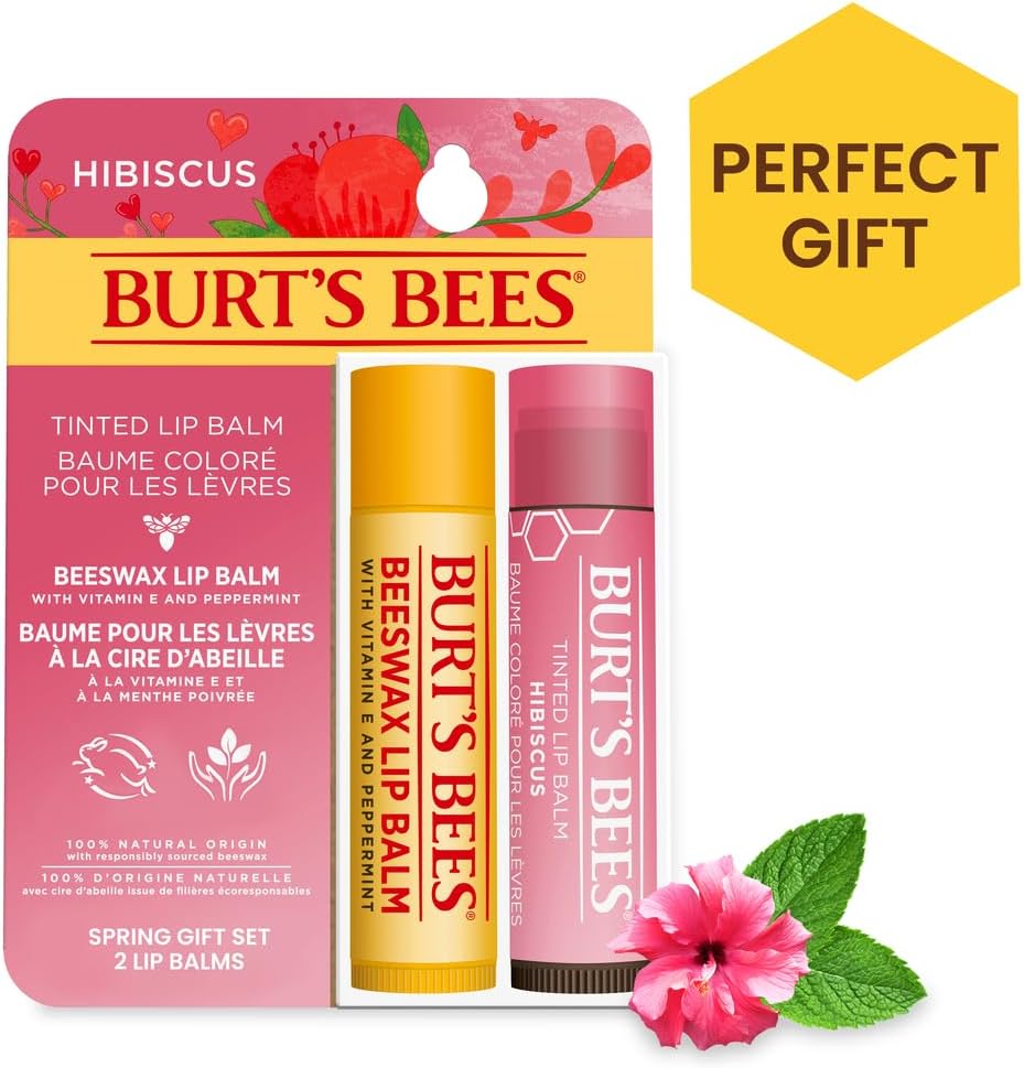 Burt’s Bees® 原廠蜂蠟潤唇膏和芙蓉花有色潤唇膏禮品套裝,100% 天然成分,2 支裝