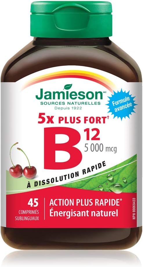 Jamieson 维生素 B12 5,000 微克速溶舌下片,天然樱桃味,甲钴胺,促进能量生成和代谢。素食。无麸质,不含人工色素、香精或防腐剂……