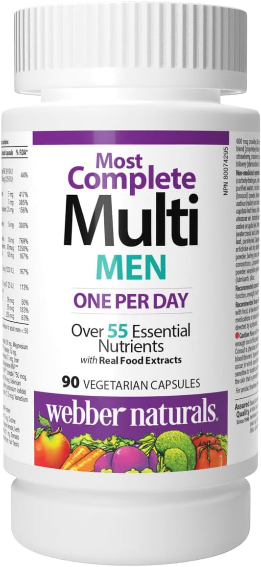 Webber Naturals 男士最全面的复合维生素,90 粒胶囊,每日一粒,每粒胶囊含有超过 55 种维生素、矿物质和全食物水果蔬菜来源,素食
