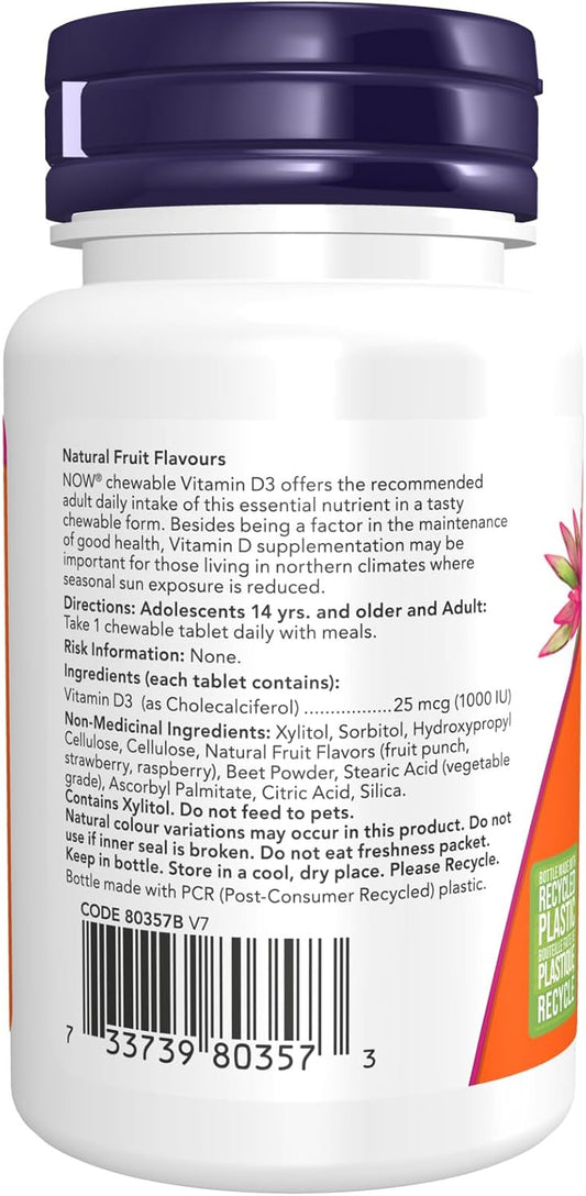 NOW Supplements,维生素 D-3 1,000 IU,天然水果味,结构支持,180 粒咀嚼片