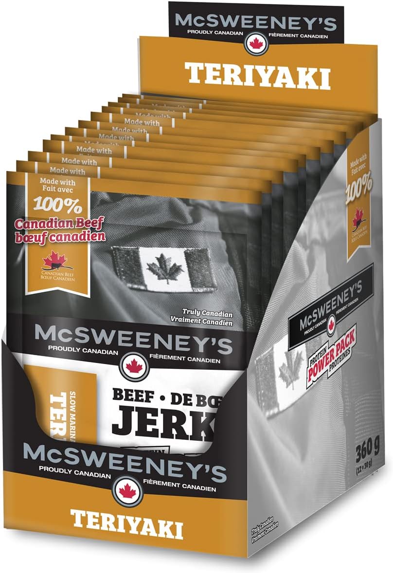 McSweeney's Slow Marinated Teriyaki Beef Jerky Power Pack. 100% Made in Canada. School Snacks, Gluten Free, High Protein Snacks, Low Fat, Naturally Smoked. 30g (Pack of 12)