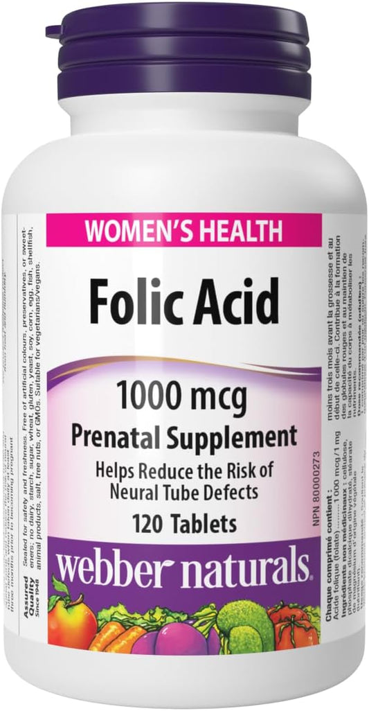 Webber Naturals Folic Acid 1000 mcg, 120 Tablets, Prenatal Nutrient, Vegan