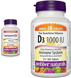Webber Naturals Coenzyme Q10 (CoQ10) 100mg, 60 Softgels & Vitamin D3 1,000 IU, 260 Tablets, For Healthy Bones, Teeth, and the Maintenance of Good Health, Vegetarian