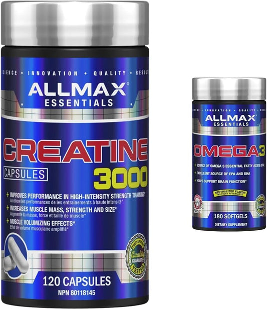 ALLMAX Nutrition - Creatine 3000, Creatine Monohydrate Capsules for Strength and Muscle Recovery & Omega-3 essential fatty acid ultra-pure cold-water fish oil, 180 count