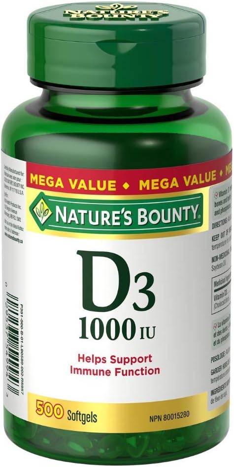 Nature's Bounty Omega 3 6 9 鱼油 1200 毫克丸剂、补充剂和维生素 D3 丸剂和补充剂,有助于支持免疫功能,1000 国际单位,500 粒软胶囊