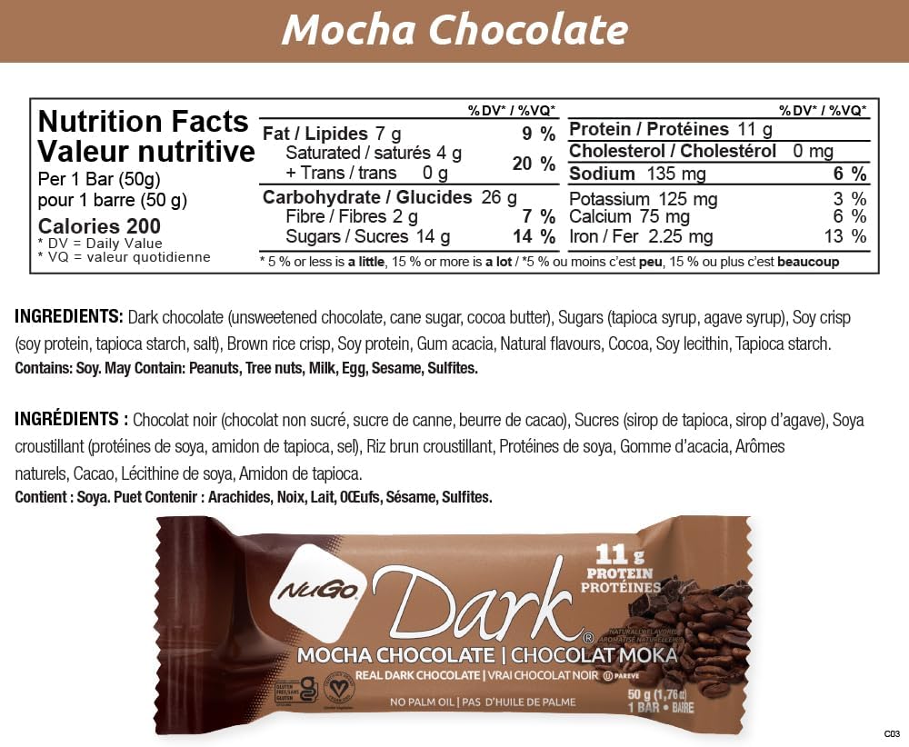 NuGo Dark Mocha Chocolate Protein Bar, 11g Vegan Protein, 200 Calories, Gluten Free, 12 Count