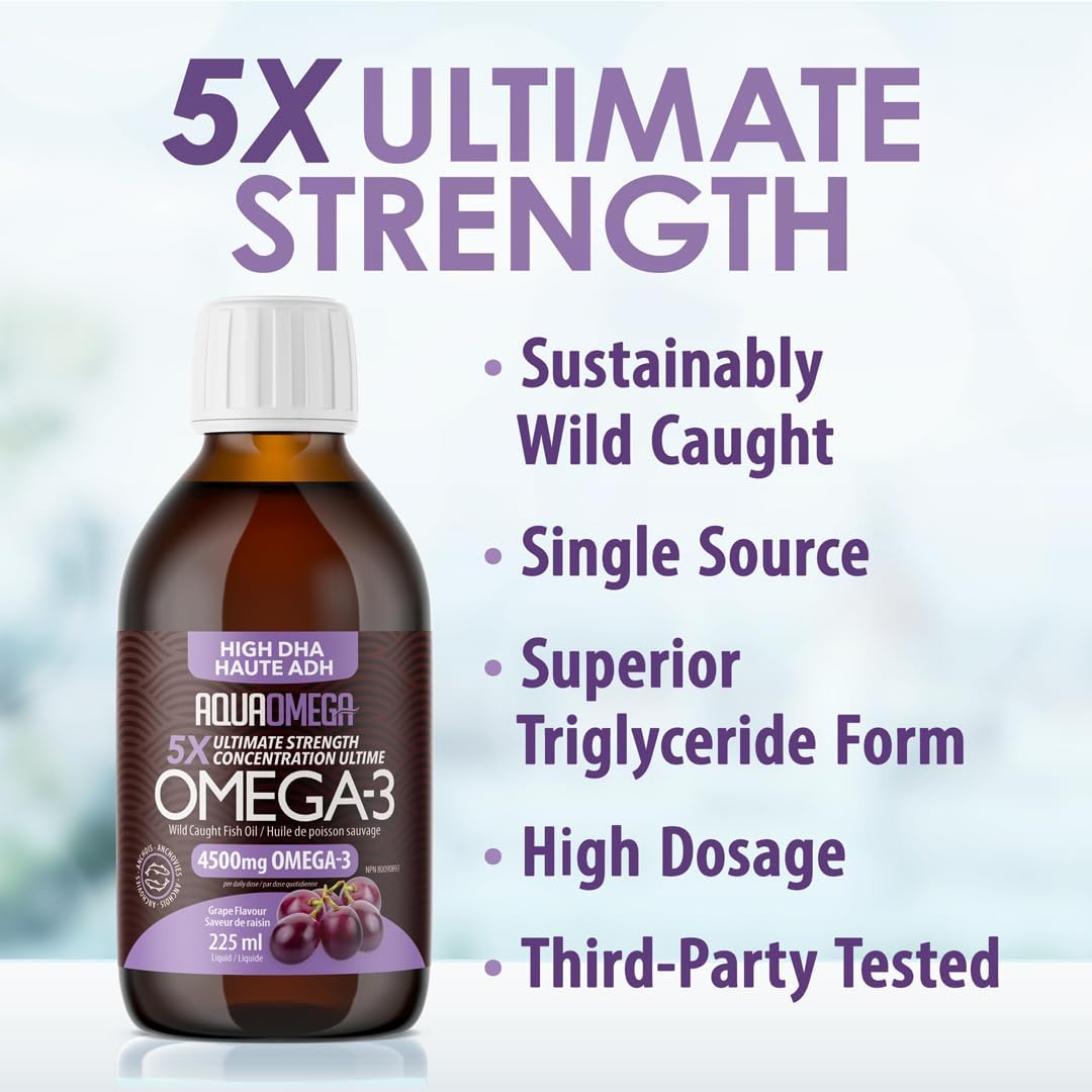 5倍極致強度 Omega 3 補充劑(含維生素 D)、魚油 Omega 3 液體(含 EPA、DHA 補充劑)、葡萄口味 Omega3 補充劑、野生魚油補充劑,225 毫升