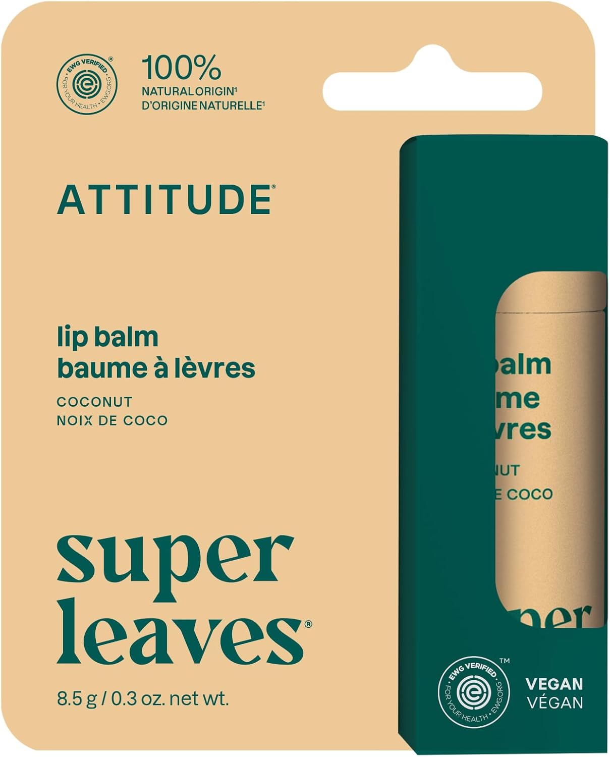 ATTITUDE 润唇膏,加拿大制造,天然来源,滋养和保护,乳木果油、椰子油和蓖麻油,经 EWG 认证,适用于干燥的嘴唇,男女皆宜,纯素,椰子,8.5 克