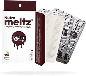 Nutrameltz 生物素 500 微克 – 更健康的頭髮生長補充劑,滋養指甲,促進皮膚光滑,速溶片,用於生物素缺乏症 – 櫻桃味(60 片)