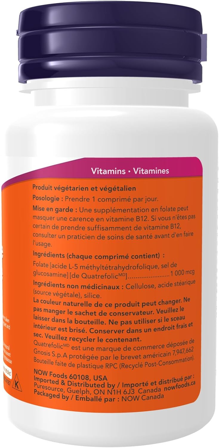 NOW Supplements, 甲基叶酸 1,000 微克,代谢活性叶酸,辅酶 B 族维生素,90 片