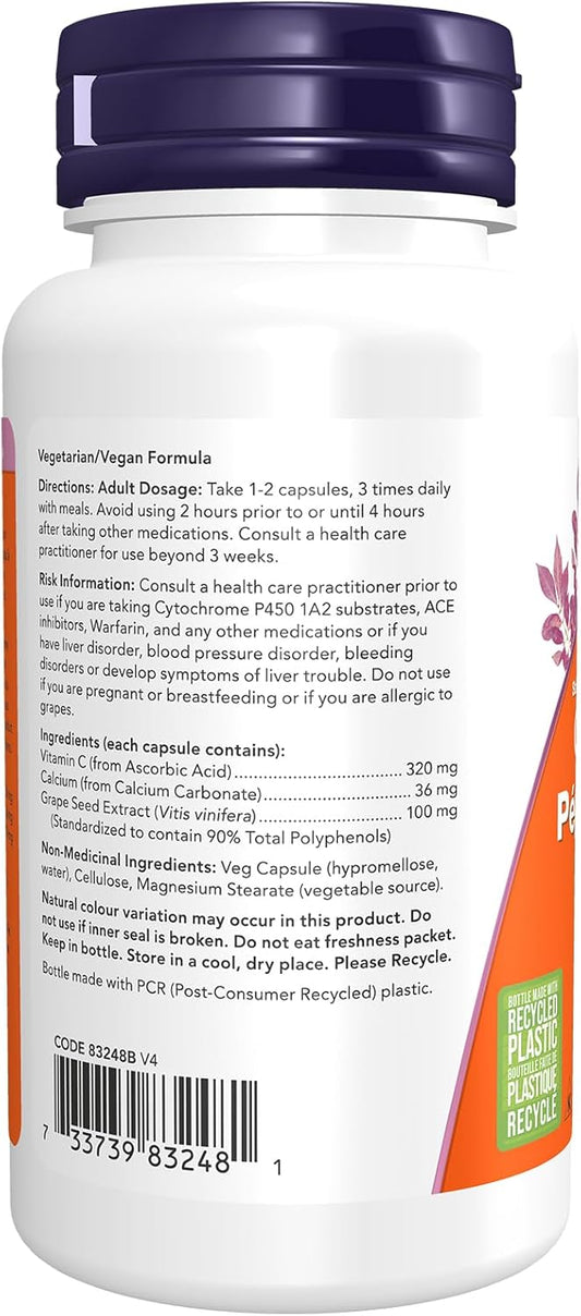 NOW Supplements, Grape Seed 100 mg - Standardized Extract, Highly Concentrated Extract with a Minimum of 90% Polyphenols, with Vitamin C Capsules, 100 Count