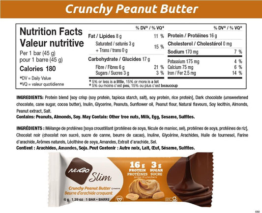 NuGo Slim Dark Chocolate Crunchy Peanut Butter, 16g Vegan Protein, 3g Sugar, 7g Fiber, Low Net Carbs, Gluten Free, 12 Count