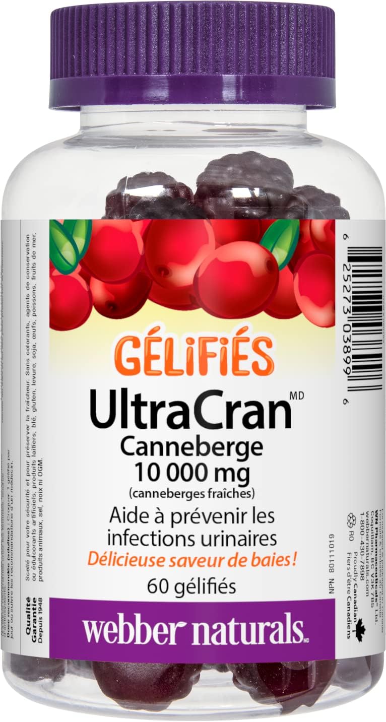 Webber Naturals UltraCran 蔓越莓 10,000 毫克软糖和维生素 C 软糖 125 毫克,120 粒软糖,有益于骨骼、牙齿、免疫和抗氧化健康,纯素