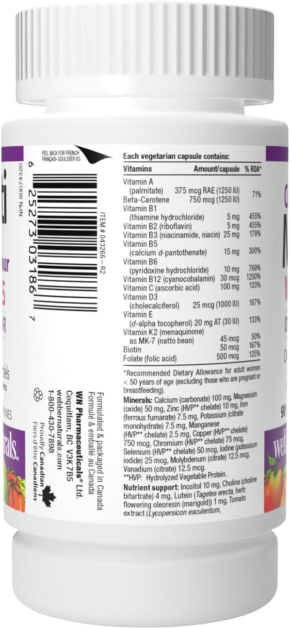 Webber Naturals Most Complete Multi For Women, 90 Capsules, One-Per-Day, Over 55 Vitamins, Minerals, and Whole Food Fruit and Vegetable Sources per Capsule, Vegetarian