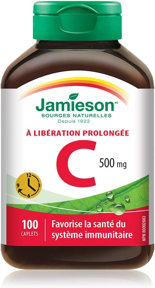 Jamieson Vitamin C 500 mg Timed Release Caplets, Supports Immune Health, Strong Teeth and Bones. Gradual Release of Vitamin C Throughout the Day, Vegetarian, Gluten-Free, 100 Count, Proudly Canadian