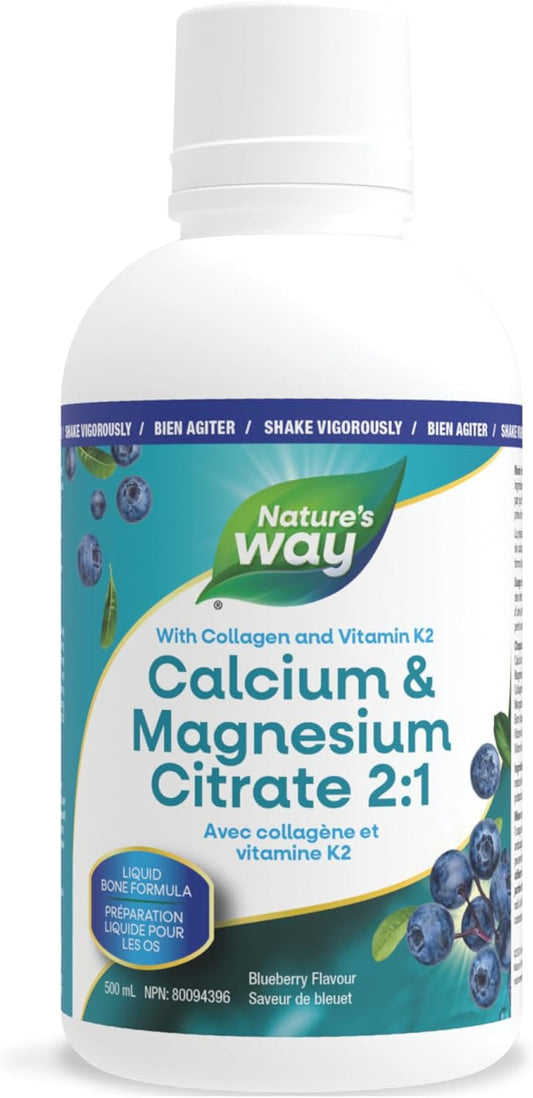 Nature's Way Calcium and Magnesium Citrate 2:1 - Liquid Supplement with Vitamin K2 and Collagen – Helps Support the Maintenance of Bones and Teeth – Blueberry Flavour, 500 mL