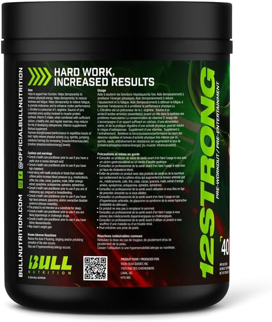 BULL Nutrition 12 STRONG - 含甘油、L-瓜氨酸、β-丙氨酸和肌酸补充剂的运动前粉末,可促进肌肉生长并提高耐力、力量、专注力和能量输出 - 加拿大制造 - 40 份……