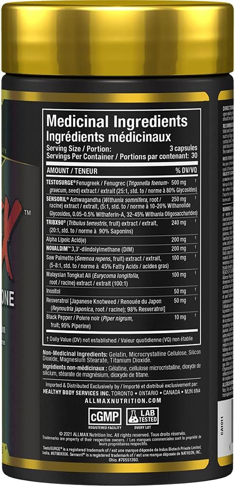 ALLMAX Nutrition TESTOFX XTREME 男性睾酮增强剂,含蒺藜、南非醉茄、东革阿里,增强力量、能量与活力,控制雌激素,90 粒胶囊(30 天用量)