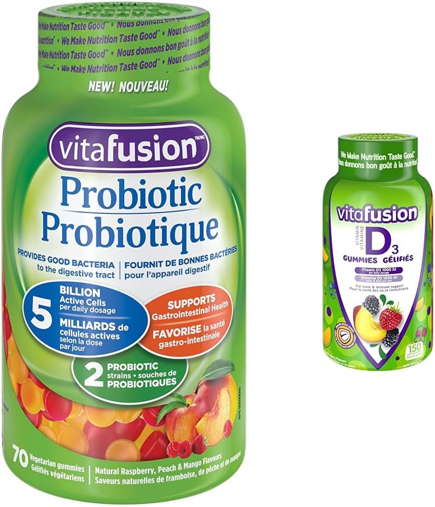 Vitafusion 益生菌成人軟糖,2 種益生菌菌株和 D3 成人維生素軟糖,1000 IU 維生素 D3 每日劑量,可支撐骨骼和牙齒*,150 粒,5 個月用量,包裝可能有所不同
