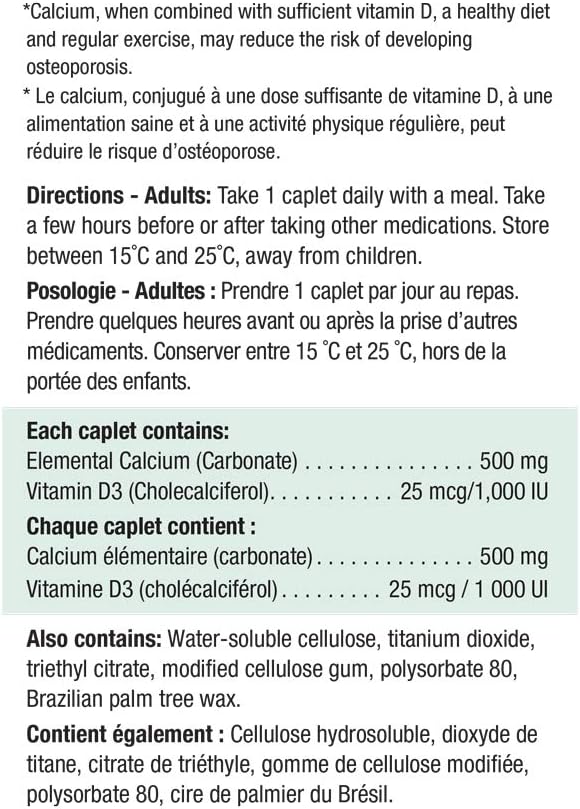 Jamieson 钙片 500 毫克,含 1,000 国际单位维生素 D3,高吸收率,支持骨骼健康,有助于预防骨质疏松症和骨质流失。易于吞咽,素食,非转基因,无麸质,90 粒胶囊,加拿大制造