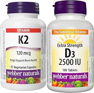Webber Naturals 维生素 K2 120 微克,75 粒胶囊,MK-7 配方,有助于支持骨骼,纯素,维生素 D3 2500 IU 强效,180 片,有益于骨骼和牙齿健康