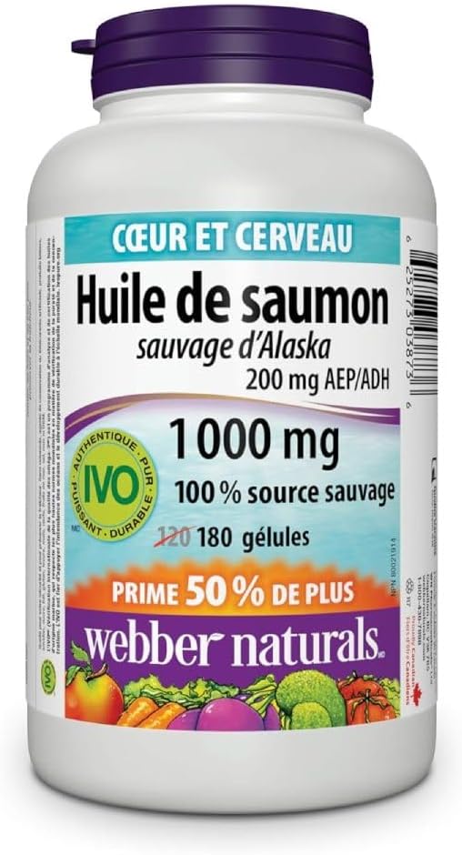 Webber Naturals 野生阿拉斯加鮭魚油 1,000 毫克,180 粒軟膠囊,可支持心臟、大腦和關節健康