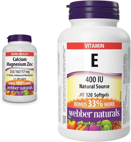 Webber Naturals 鈣鎂鋅軟膠囊,200 粒,促進吸收,含維生素 E 400 IU,120 粒軟膠囊,天然維生素 E 來源,具有抗氧化作用