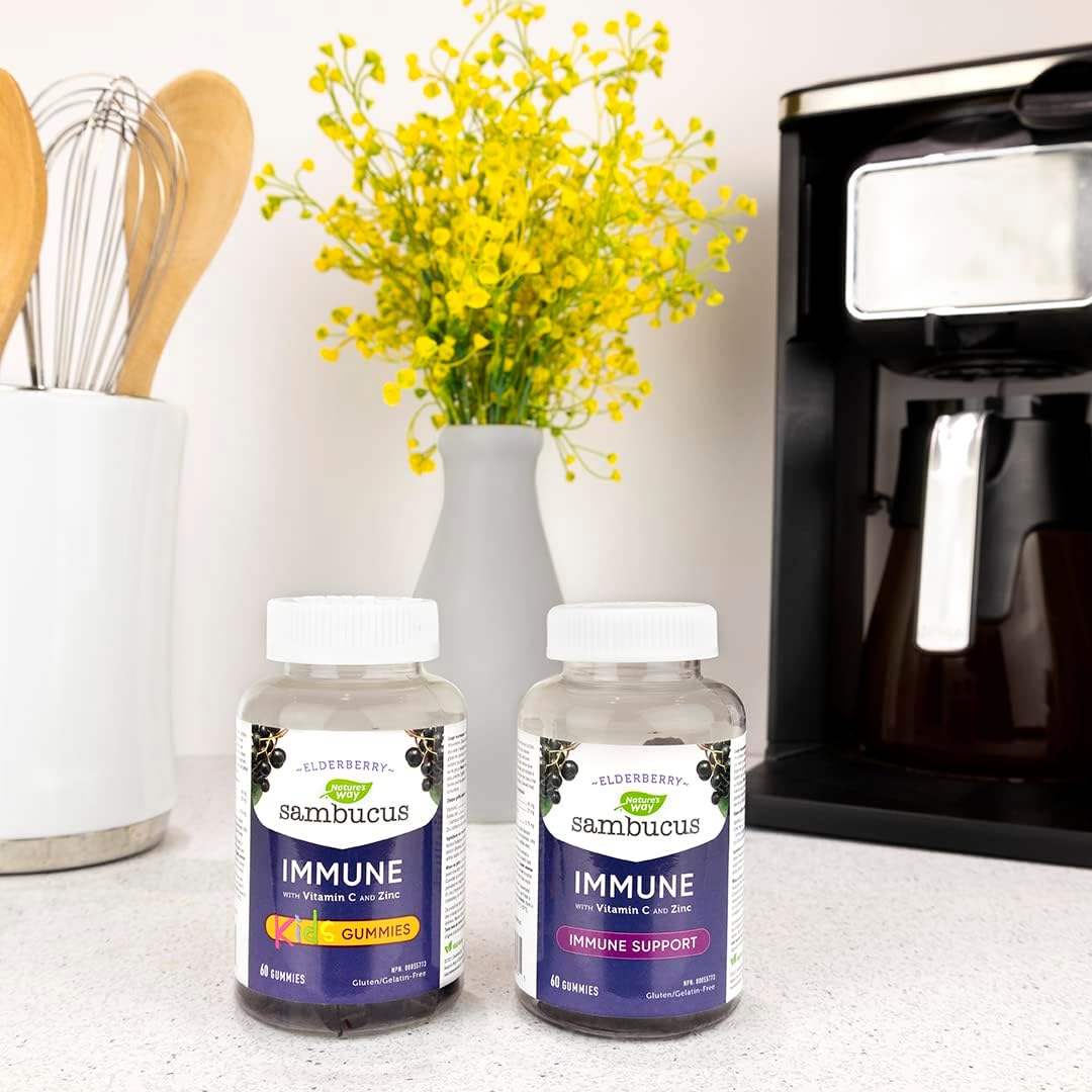 Nature's Way 接骨木免疫感冒和流感護理接骨木軟糖,維生素 C 和鋅,4 歲以上兒童適用;以及接骨木免疫原味感冒和流感護理接骨木軟糖,維生素 C 和鋅,成人和 4 歲以上兒童適用