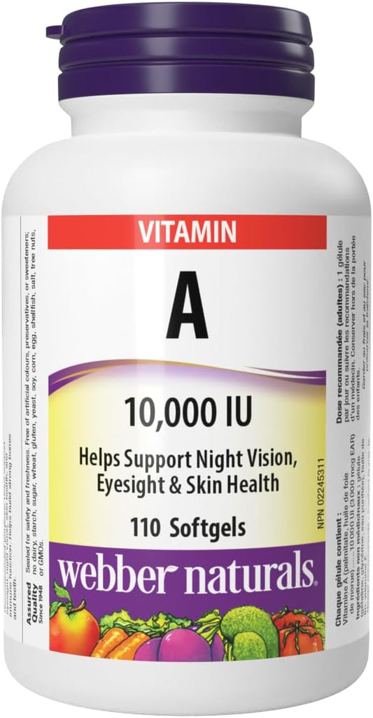 Webber Naturals 维生素 A 10,000 IU,110 粒软胶囊,有助于维持眼部和皮肤健康