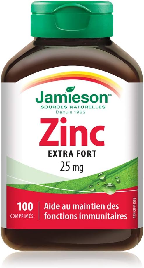 Jamieson Zinc 25 mg, Extra Strength, High Absorption, Supports Immune Health, Tissue Formation, and Healthy Skin. Vegetarian, Non-GMO, Gluten-Free, 100 Tablets, Proudly Canadian