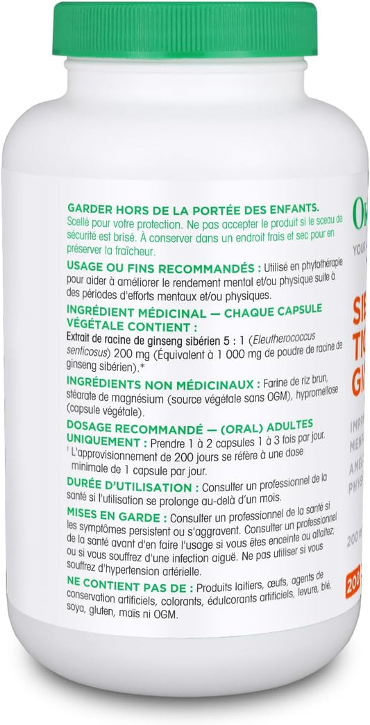 Organika Siberian Tiger Ginseng 200mg- Eleutherococcus Senticosus- Adaptogenic, Immune Support, Fatigue Support- 200caps
