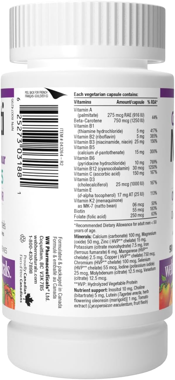 Webber Naturals Most Complete Multi For Men, 90 Capsules, One-Per-Day, Over 55 Vitamins, Minerals, and Whole Food Fruit and Vegetable Sources per Capsule, Vegetarian