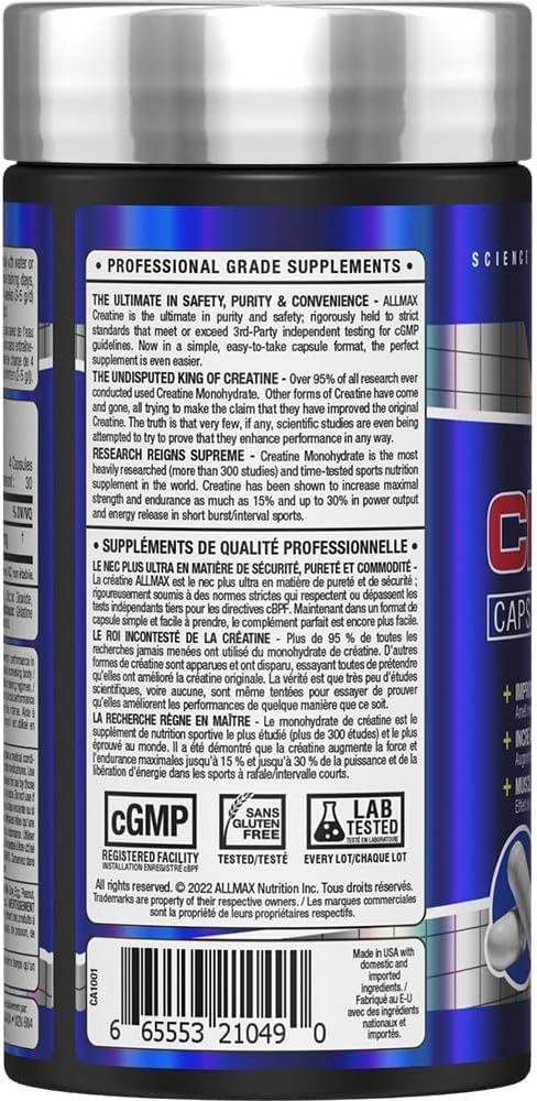 ALLMAX Nutrition - Creatine 3000, Creatine Monohydrate Capsules for Strength and Muscle Recovery, Gluten Free & Fast Absorbing, 3000 mg, 120 Capsules