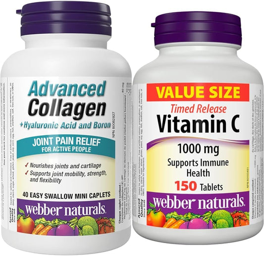 Webber Naturals 高級膠原蛋白,含透明質酸和硼,40 粒迷你膠囊和維生素 C 緩釋片,1000 毫克,150 片,有益於骨骼、牙齒、免疫和抗氧化健康